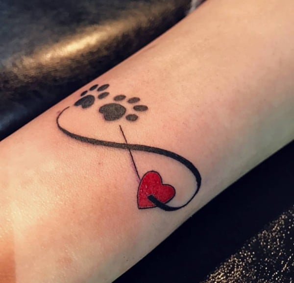 paw print with red heart tattoo