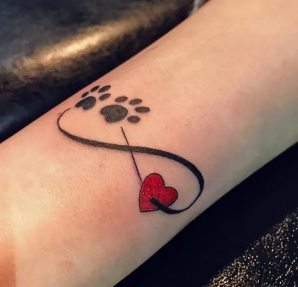 paw print with red heart tattoo