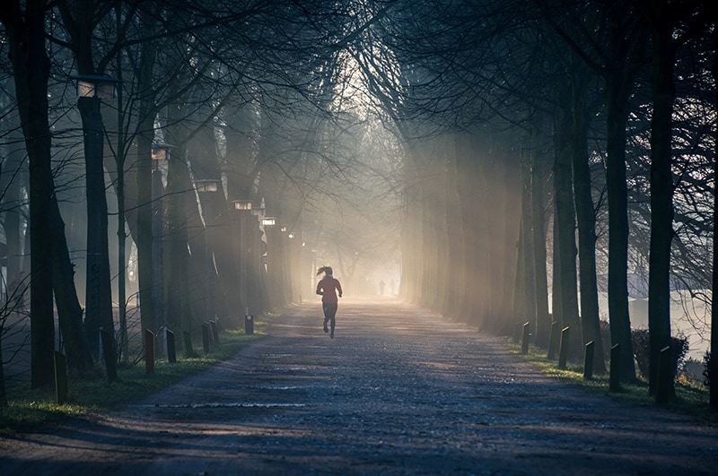 person running on the road between tall trees