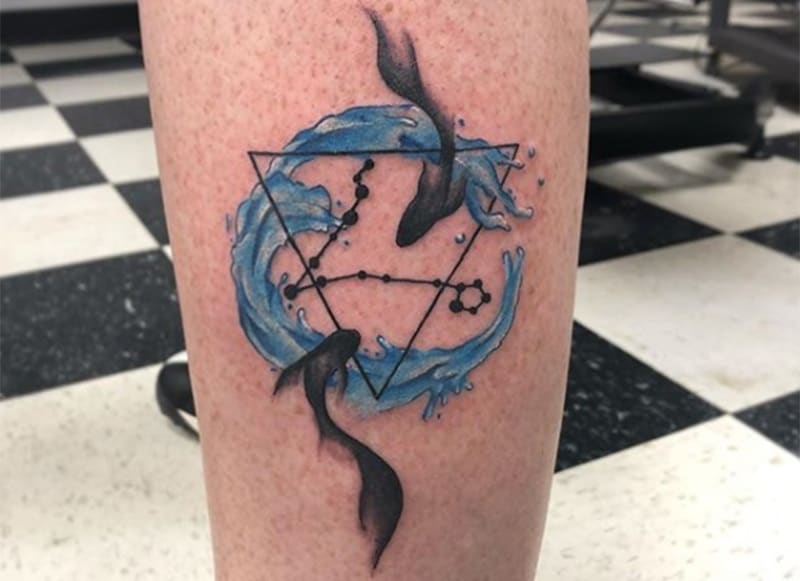 pisces in a triangle tattoo with water and the constellation