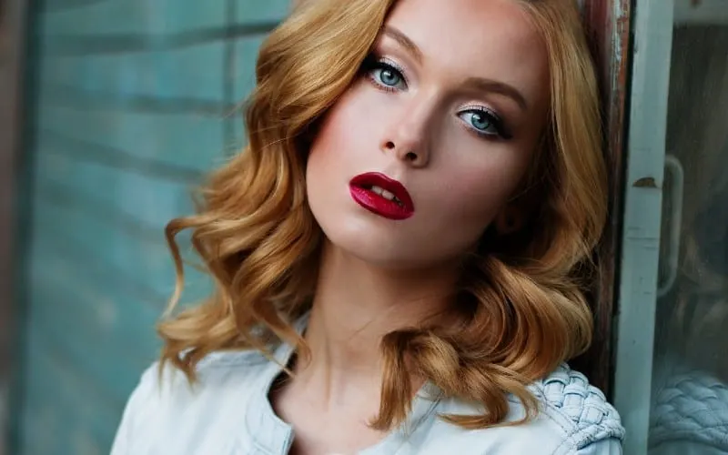 Portrait of beautiful blonde woman with blue eyes
