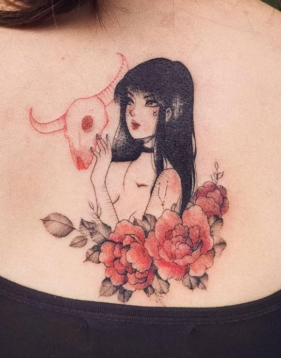 tatuagem de touro vermelho e rapariga com flores