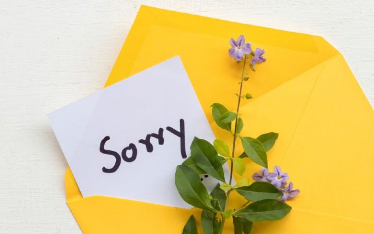 I am sorry message card handwriting in yellow envelope with purple flower arrangement on background white wooden