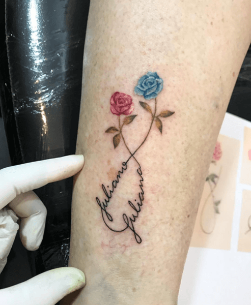 red rose and blue rose with names infinity tattoo
