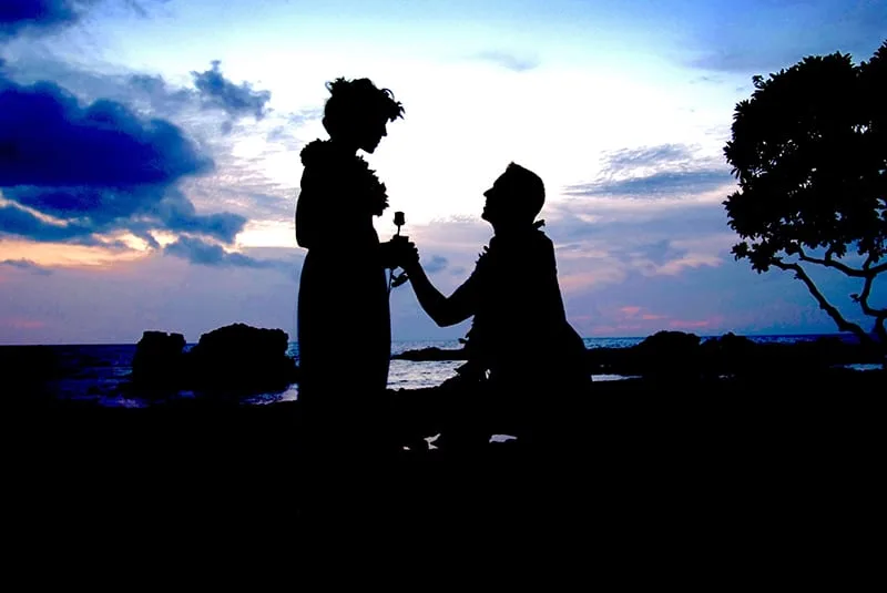 silhouette of man kneeling in front of woman giving her a flower