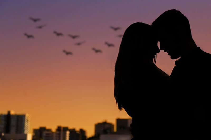 silhouette of man and woman hugging in dusk with many birds flying and buildings afar