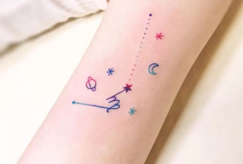 small and colorful Virgo symbol tattoo with stars