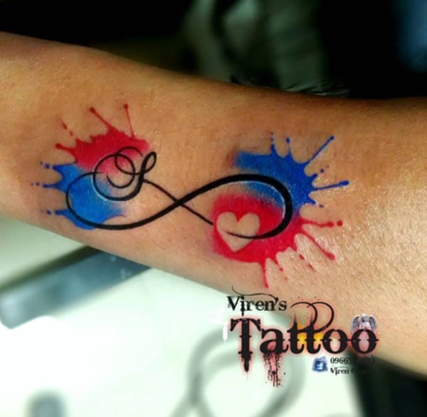 red and blue color splash design tattoo