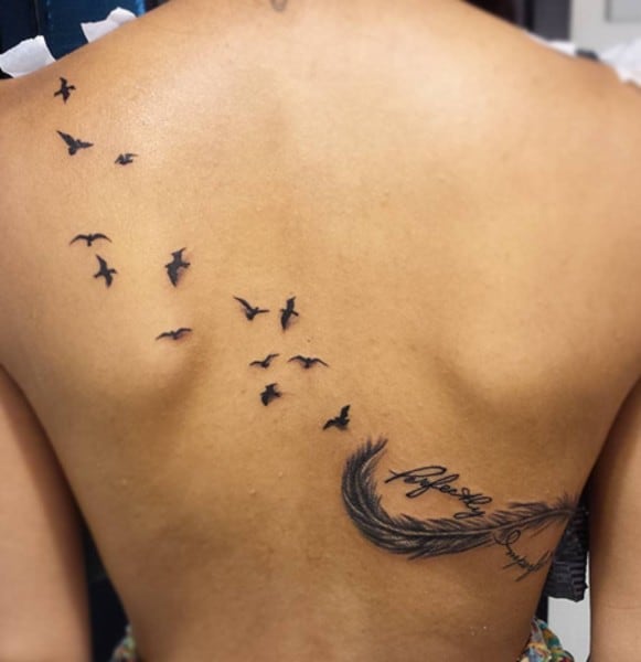 tatuaggio con uccelli e piume sulla schiena