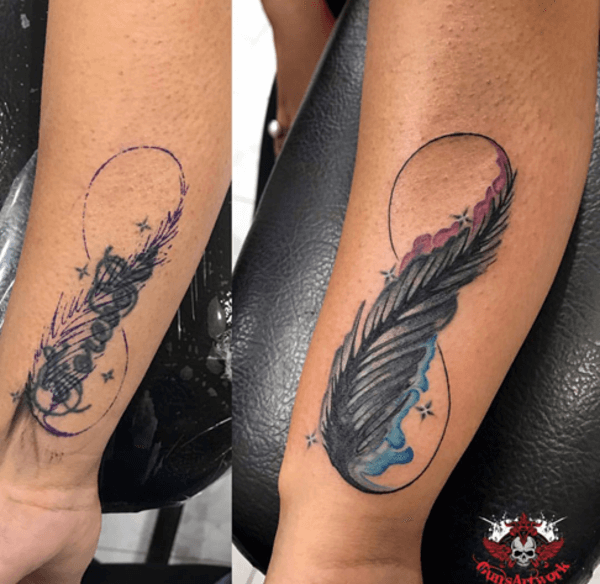 tatuaggio con piuma sul braccio