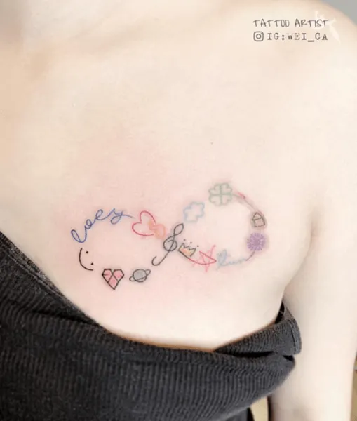 pastel-colored tattoo with small symbols
