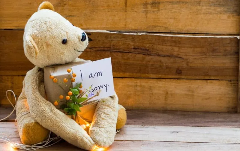 teddy bear holding gift box with i am sorry note with wood background