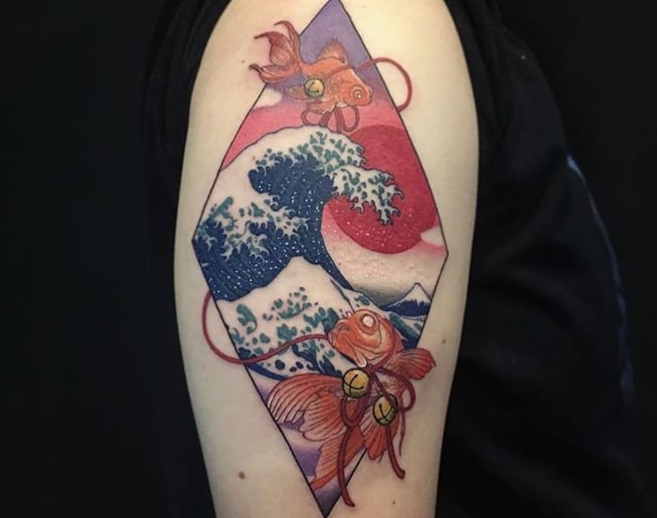 the great wave off kanagawa tattoo with koi fishes