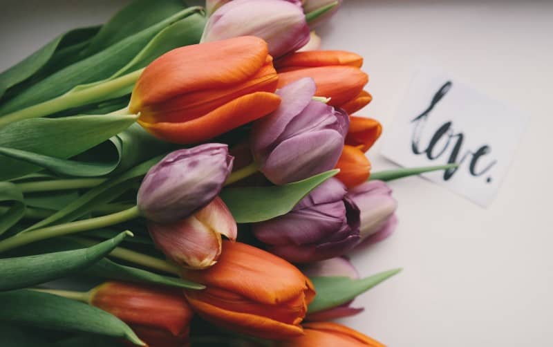 Boquet of colorful tulips and love note