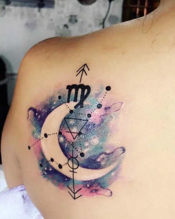 watercolor galaxy tattoo with Virgo symbol