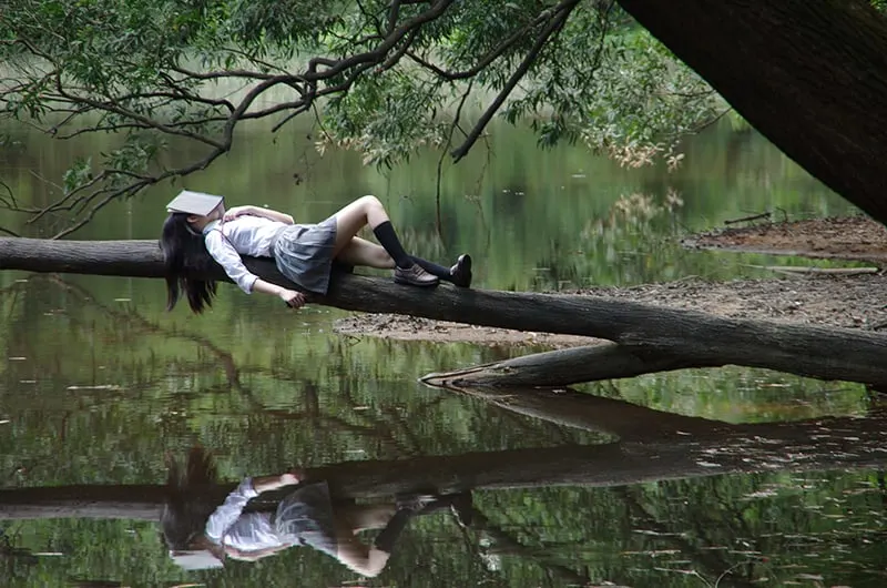 woman lying on the tree near the water