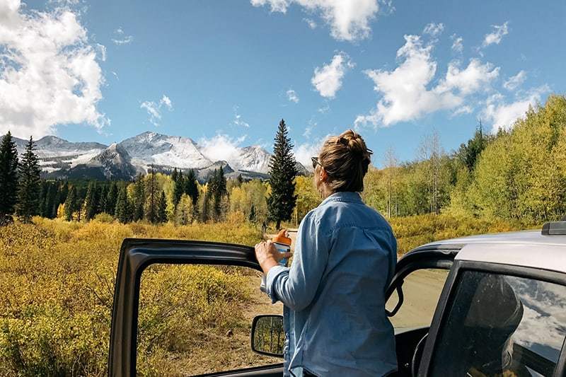 woman standing near gray vehicle looking nature in front of her