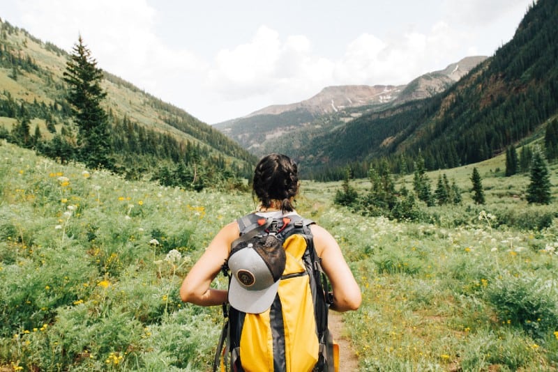 woman carrying yellow and black backpack walking between green plants