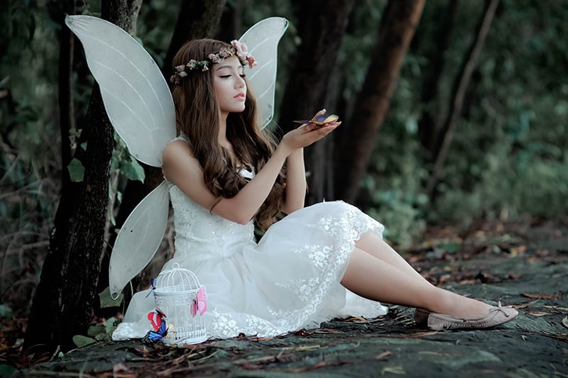 donna che indossa un costume da fata mentre tiene una farfalla sui palmi delle mani