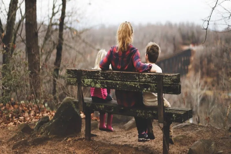 woman between two childrens sitting on brown wooden bench