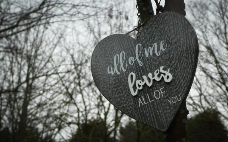 Cuore in legno con su scritto il messaggio "all of me loves all of you".