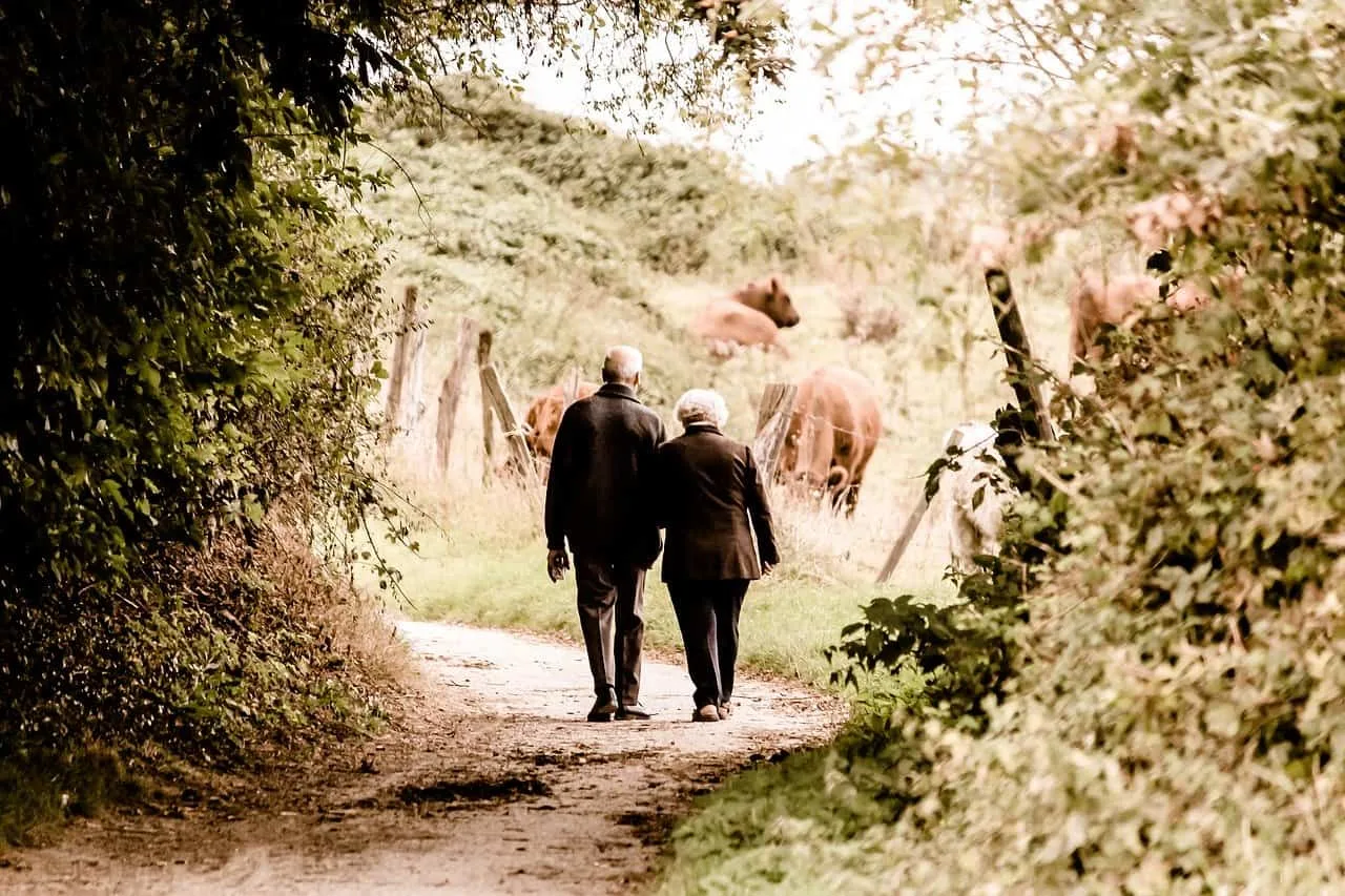 an older couple walks down the street together