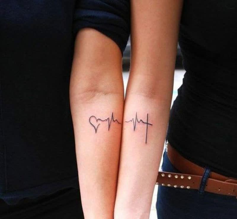 Tatuaggio del battito cardiaco su due braccia di persona diversa