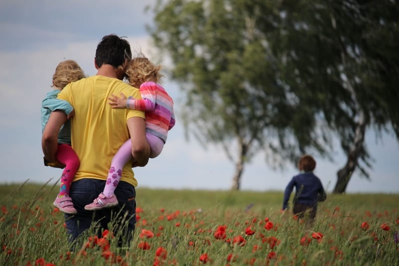 man carrying two girls on field of red petaled flower