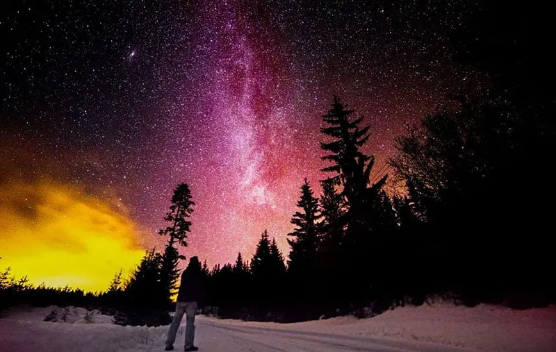 person stargazing thru the starry night in sillhouette