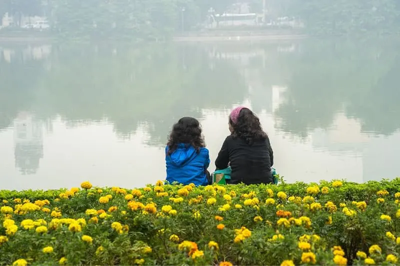 two women sitting near a body of water and a garden of yellow flowers