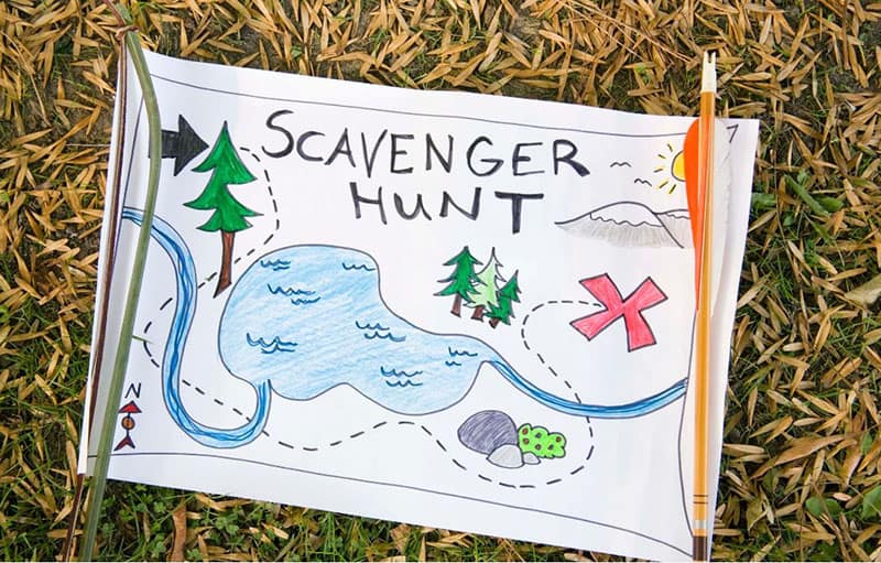 scavenger hunt game map placed on the ground of dried grasses