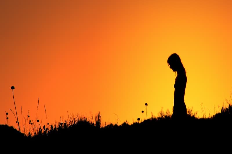 mujer de pie sobre la hierba durante la puesta de sol
