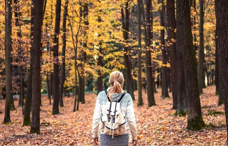 woman with backpack hiking thru the woods during autumn season