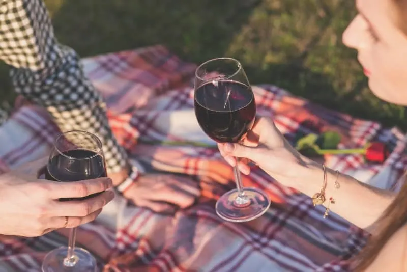 man and woman drinking wine while sitting on blanket