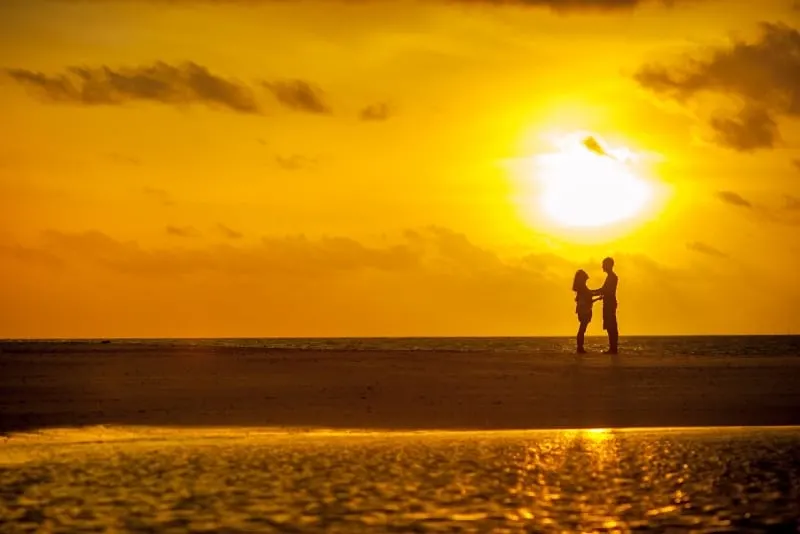 man and woman standing on seashore during sunset