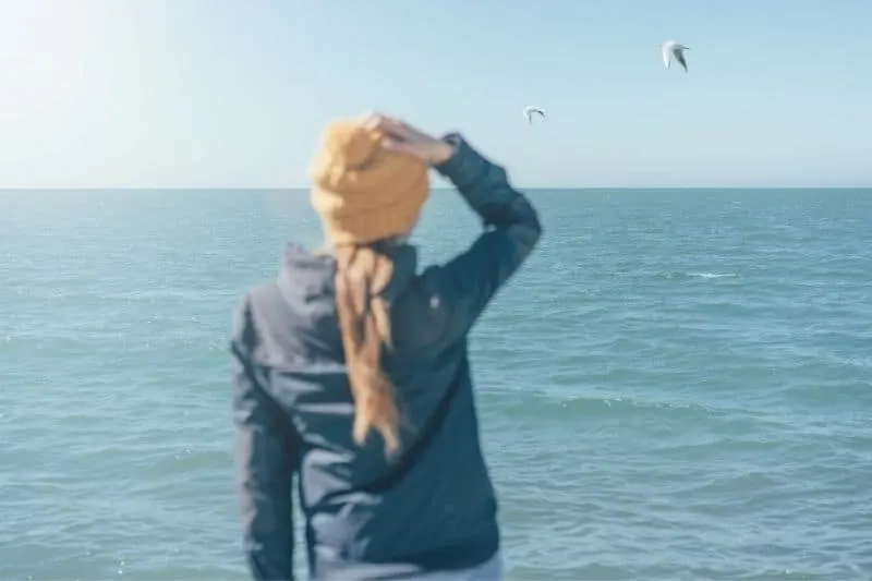 defocused figure of a woman's rear facing the sea and brirds flying