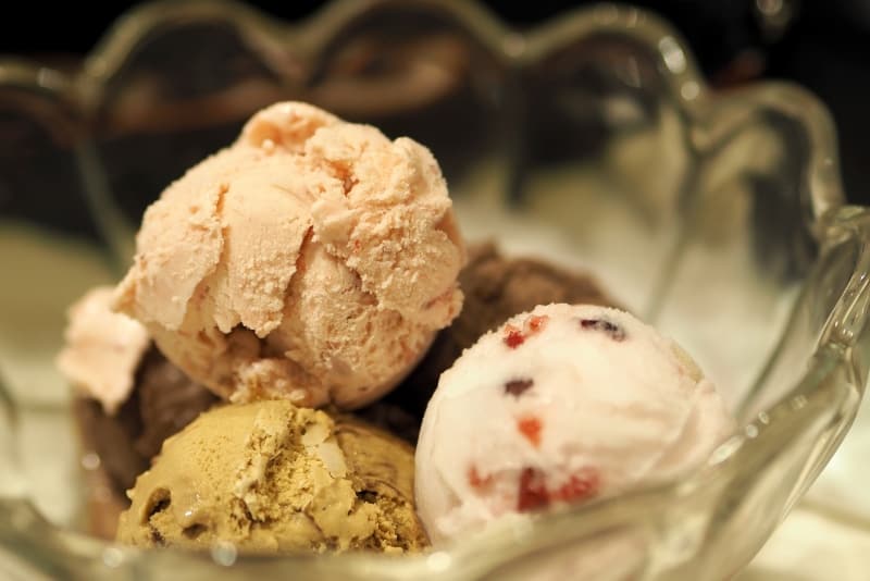 ice cream in glass bowl