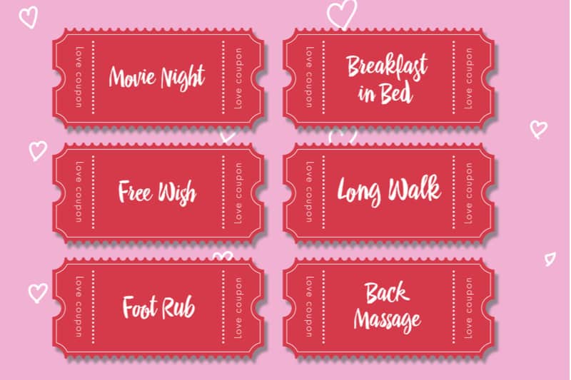 love coupons with written words as movie night, breakfast in bed etc written in red coupons