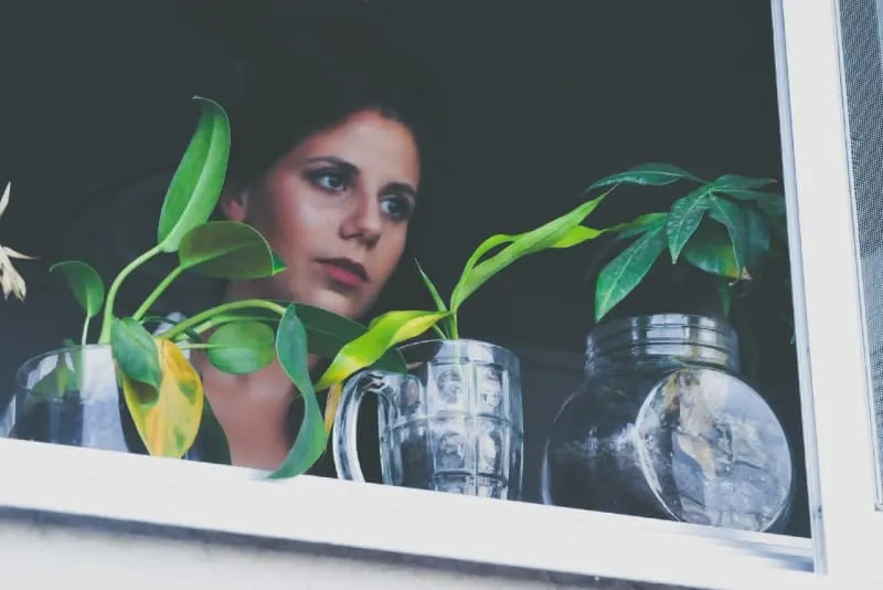 woman standing near plants on window pane