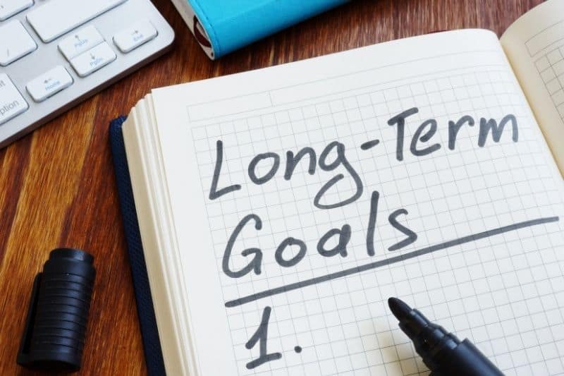 elenco degli obiettivi a lungo termine scritto sul quaderno con una penna pentel nella tabella