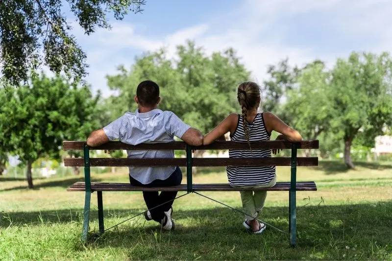rear view of a couple sitting on the bench of the park