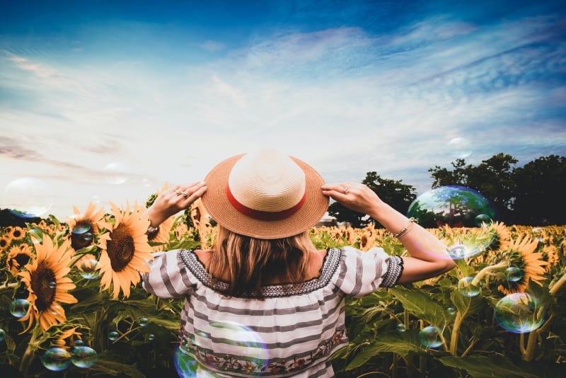 woman holding her hat while standing surrounded with sunflowers
