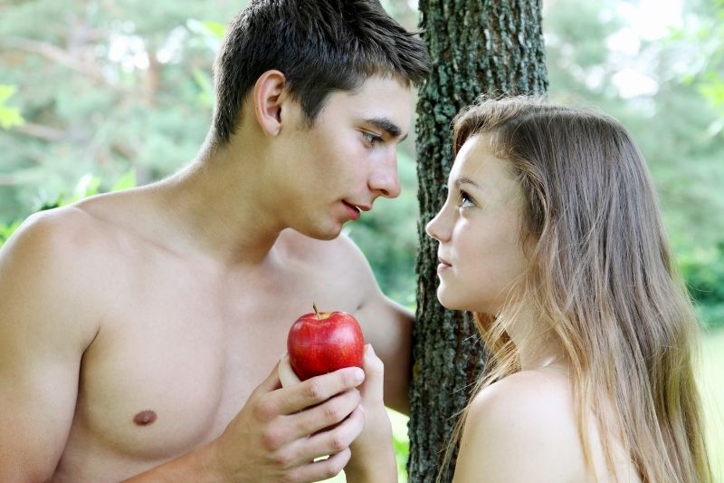 eve tempted adam with an apple naked under the tree