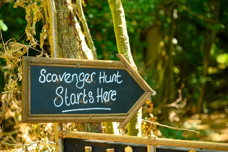 scavenger hunt sign standing near tree