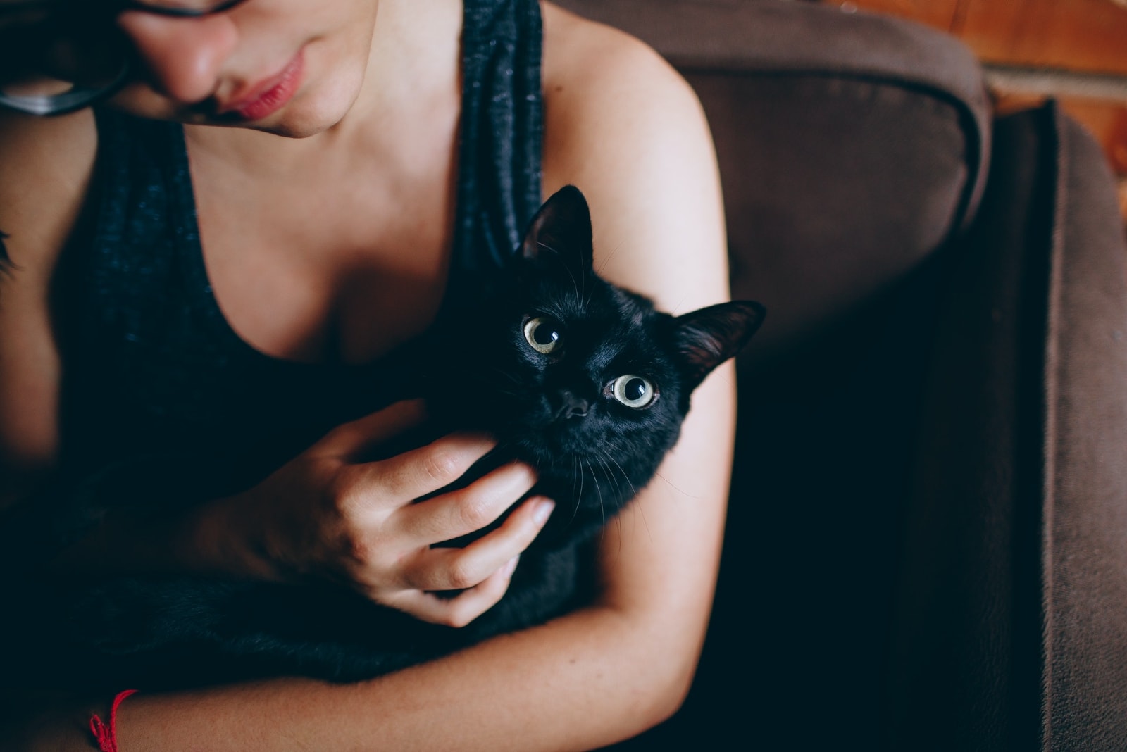 donna che tiene in braccio un gatto nero mentre è seduta sul divano