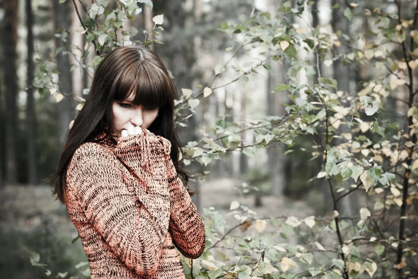 pensive woman thoughtful wearing sweater standing in the middle of the forest