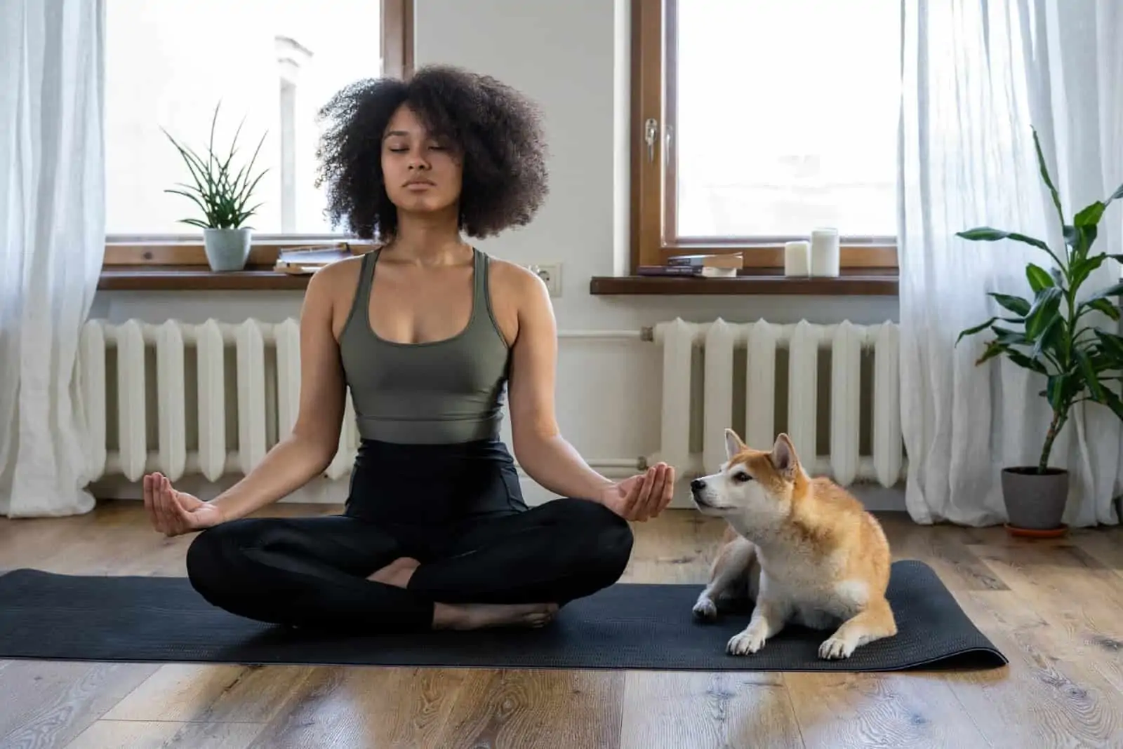 woman with curly hair meditating while sitting near dog