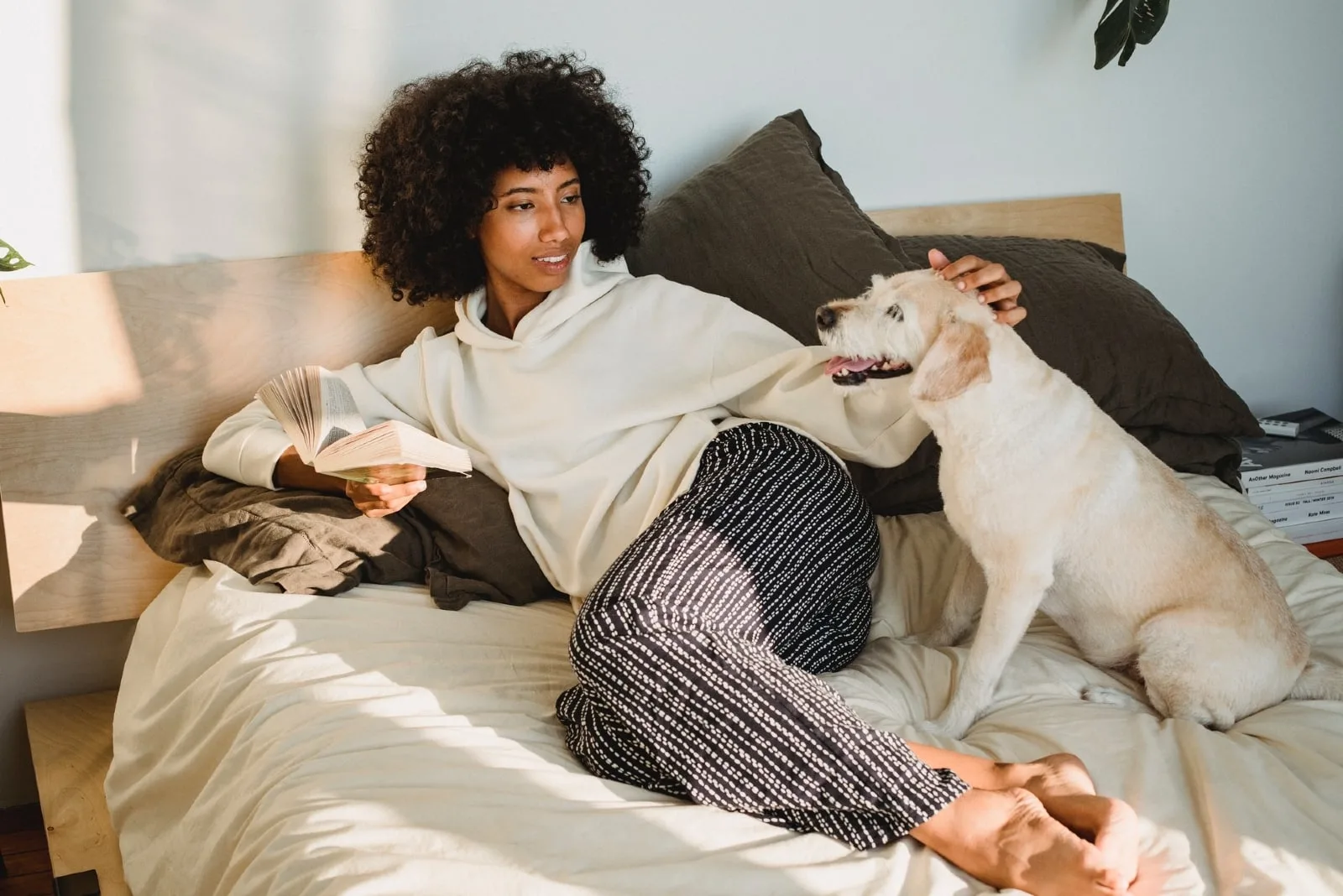 woman holding book while sitting on bed beside dog
