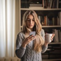 woman holding mug while looking at phone