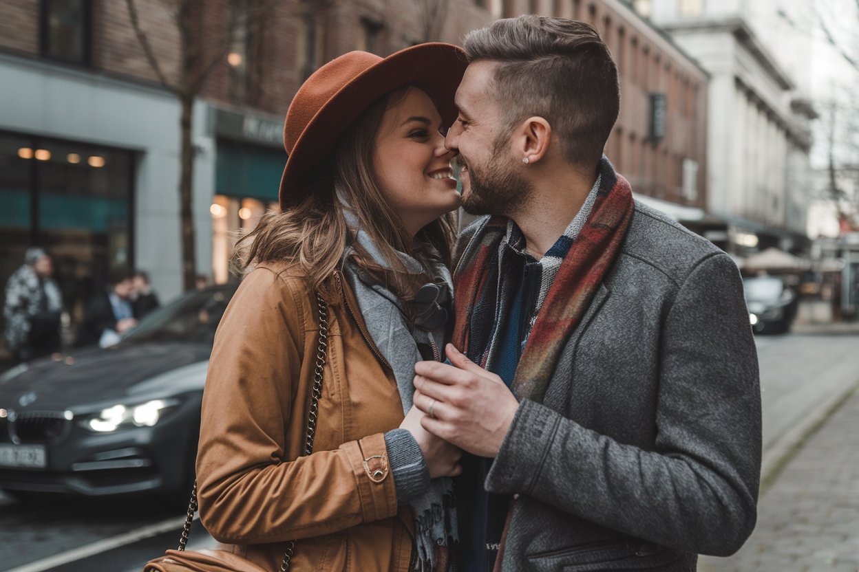 casal que se beija a caminho do trabalho